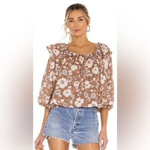 Free People Floral Peasant Blouse Brown Boho Off-Shoulder Cotton Top M